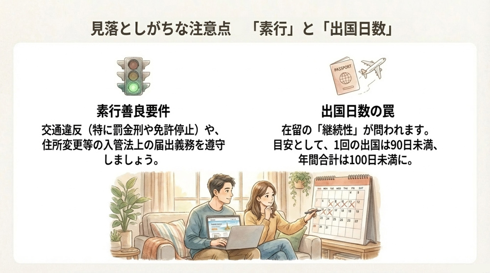 「素行」と「出国日数」の注意点