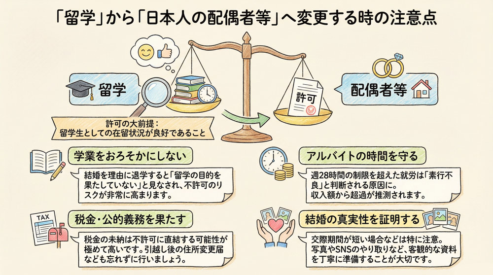 在留資格「留学」から「日本人の配偶者等」へ変更する時の注意点