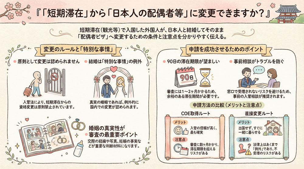短期滞在中に結婚した日本人の配偶者は、在留資格変更できますか？