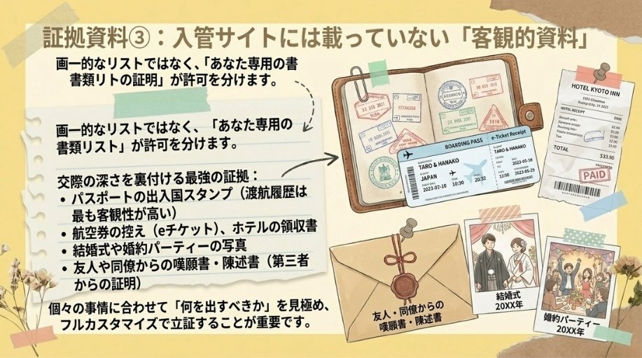 渡航記録・家族への紹介など交際の深さを示す資料