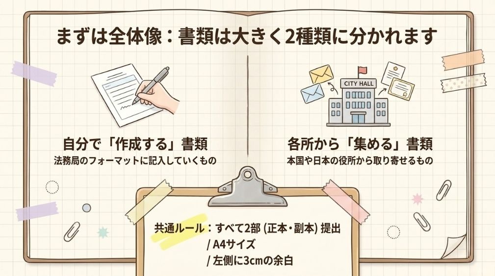 帰化の申請書類は「作成する書類」と「集める書類」に分かれます